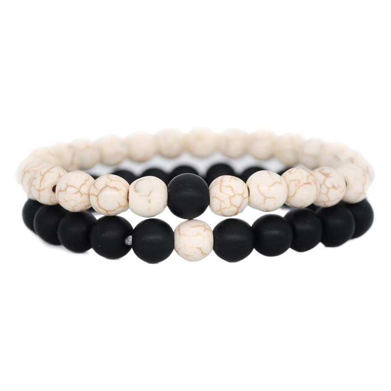 Amazon's New 2-Piece Set Retro Turquoise Black and White Versatile Hand Beads Couple Bracelet 8mm Handmade Jewelry