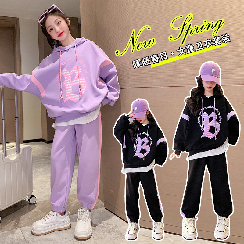 Girls' Spring and Autumn Sports suit 2024 New Western Style Large Children's Loose Children's Hooded Sweatshirt Children's Wear Two-piece Set