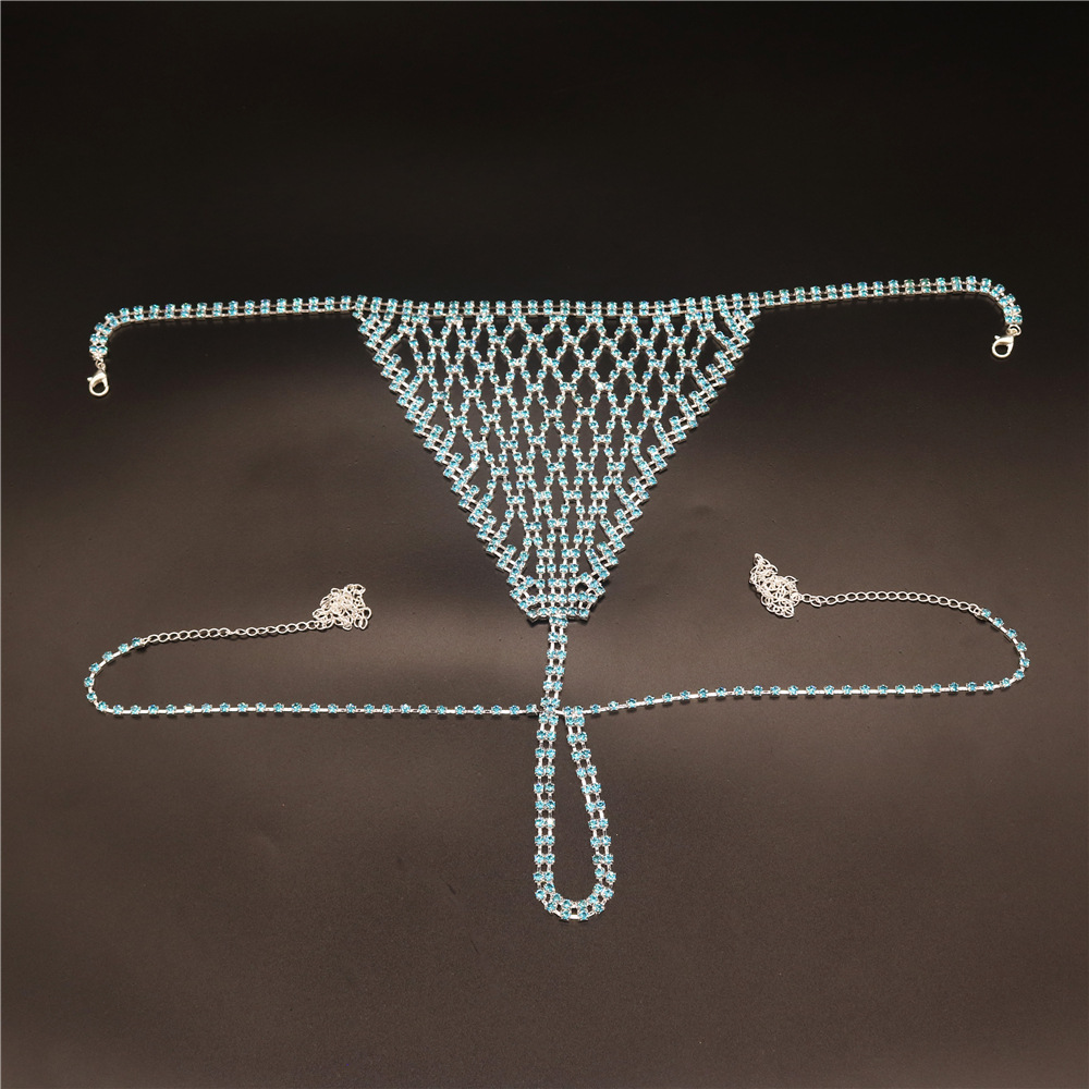 Picture of European and American Hot Sale Lake Blue Sexy Body Chain Set Nightclub Bikini Bra Shorts Short Skirt Body Jewelry Women