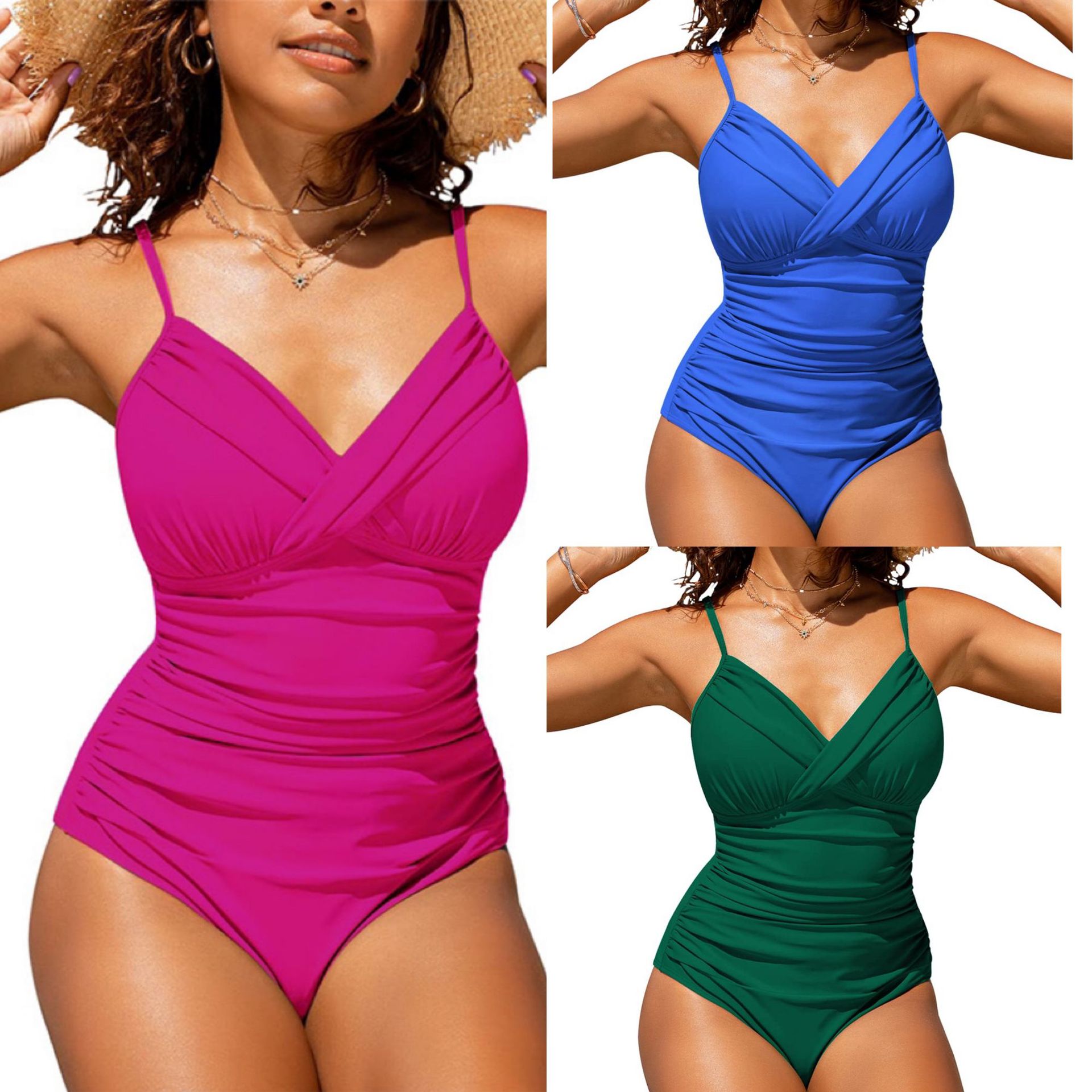 2025 European and American New One-Piece Hanging Shoulder Pure Color Bikini Pleated One-Piece High-End Beach Casual Vacation Swimsuit