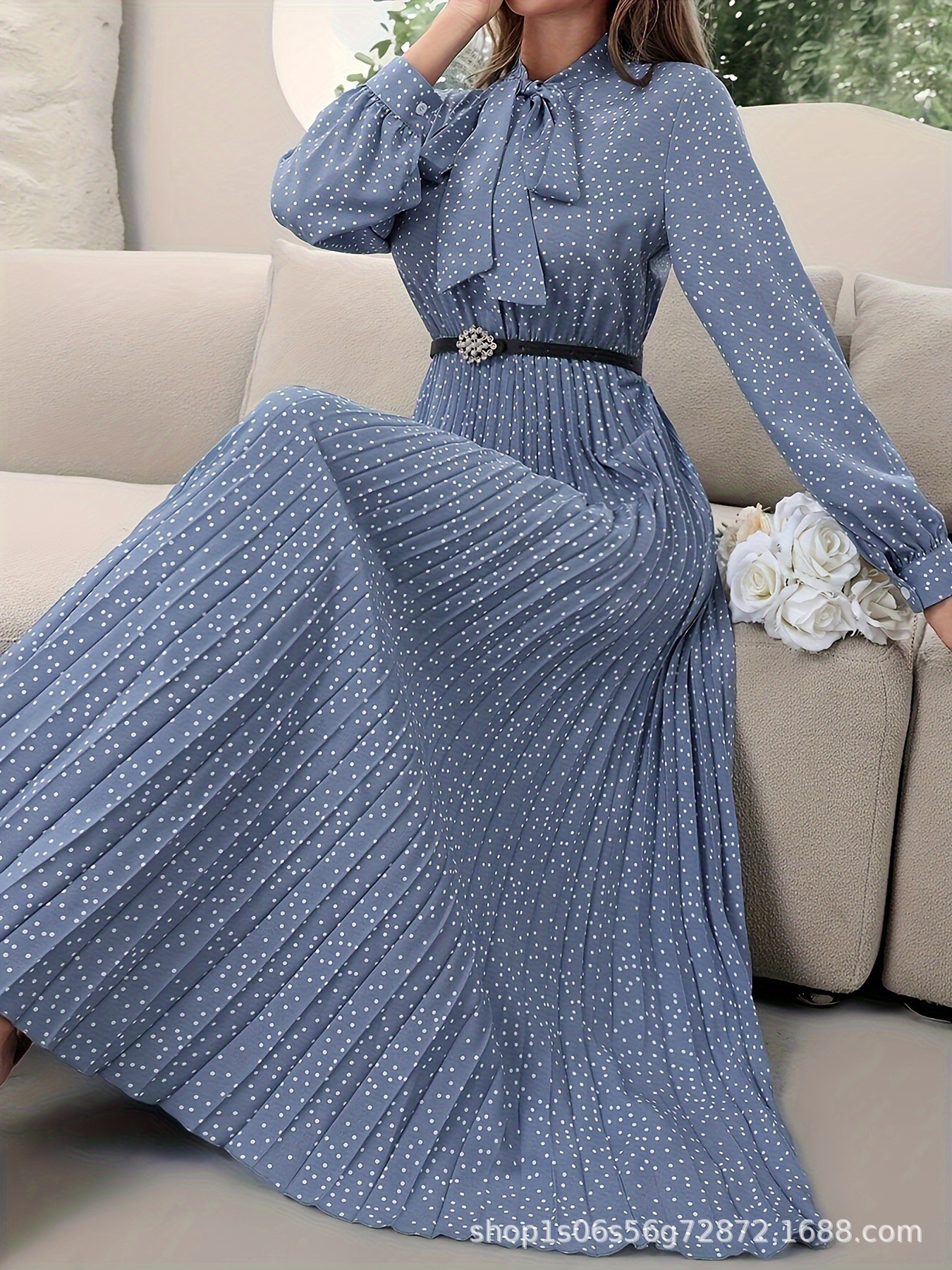 Women's Long-Sleeved Pleated Dress, Full Polka Dot Print, Tie Collar (No Belt), New Cross-Border