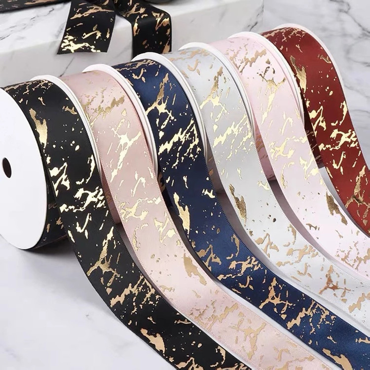 2.5cm new gilding silver polyester with flowers high-end gift gift packaging ribbon handmade diy material
