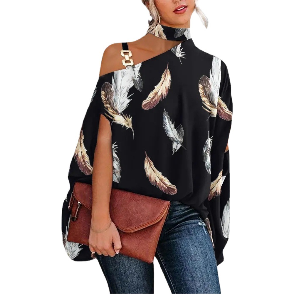 European and American Cross-border Platform Hot Sale Spring and Summer High Collar Off-shoulder Crossbody Shoulder Cloak Short Sleeve Loose Bat Shirt Top T-shirt