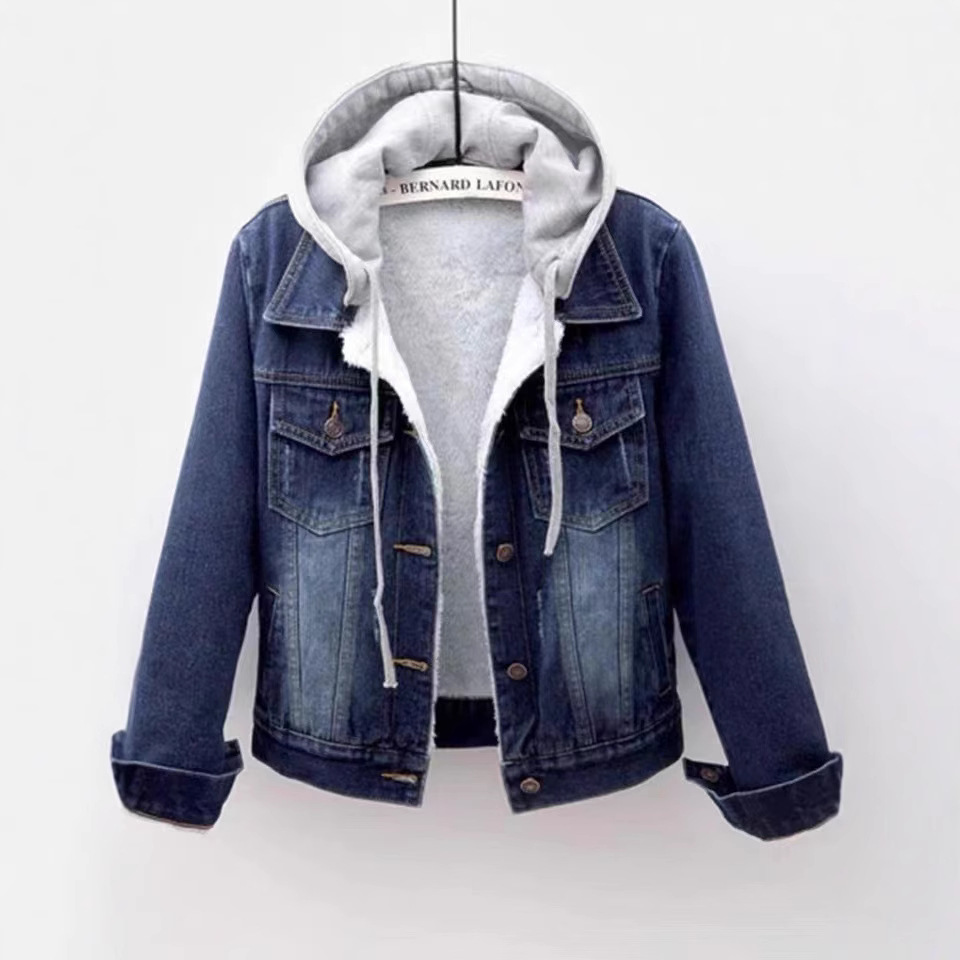 Denim Cotton Jacket for Women, Fleece-Lined and Thickened, Korean Style Hooded Short Warm Jacket for Autumn and Winter 2025, Slimming