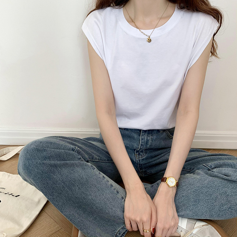 Picture of White Sleeveless T-Shirt for Women Loose 2025 Summer New Fashion Black Vest T-Shirt Student Top Outer Wear Ins