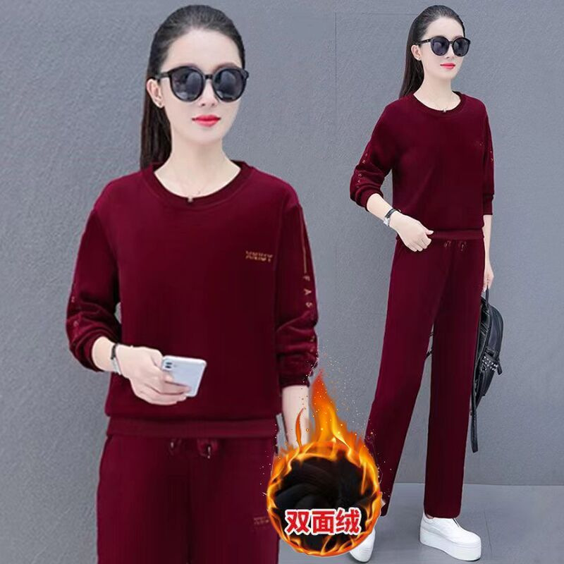 Fleece-lined thickened 2023 Winter new double-sided gold velvet Western style sportswear suit women's sweater two-piece set
