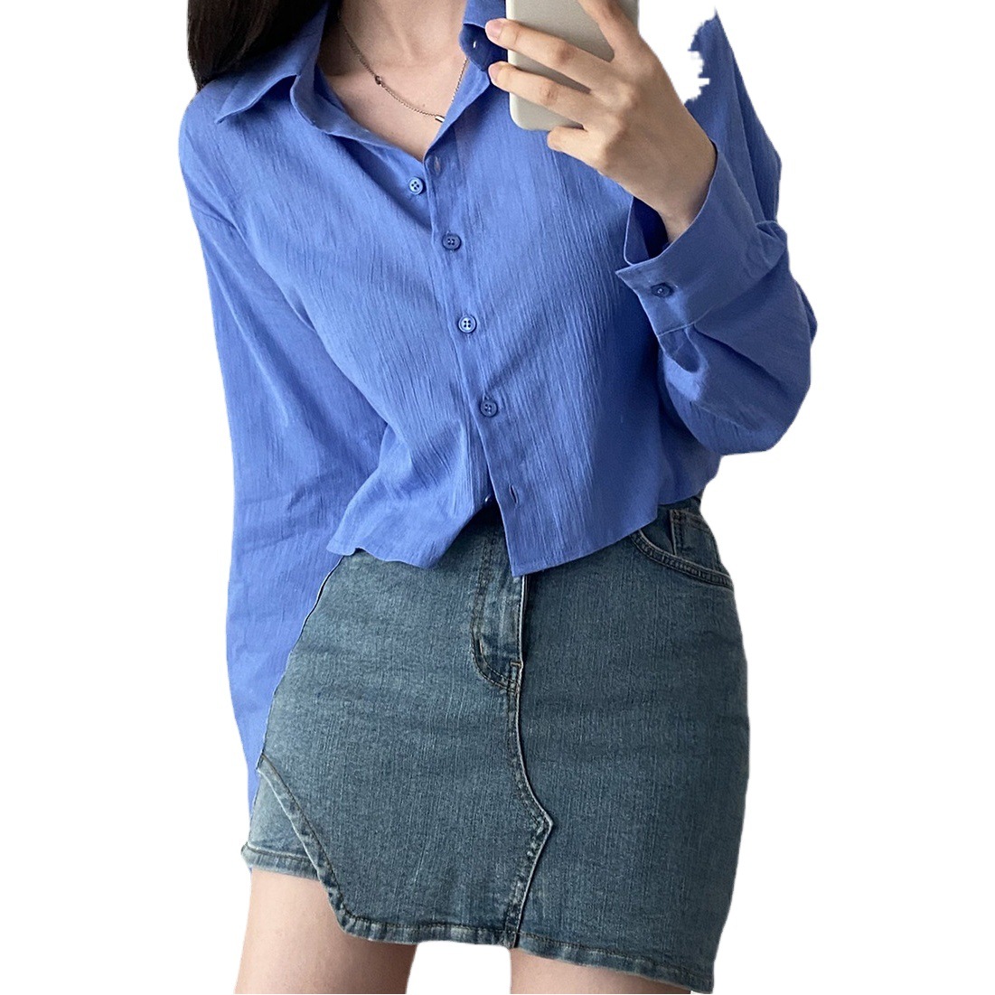 Autumn 2023 New Korean Fashion Lapel Long-sleeved Sunscreen Shirt Women's Beware Back Strap Stylish Shirt