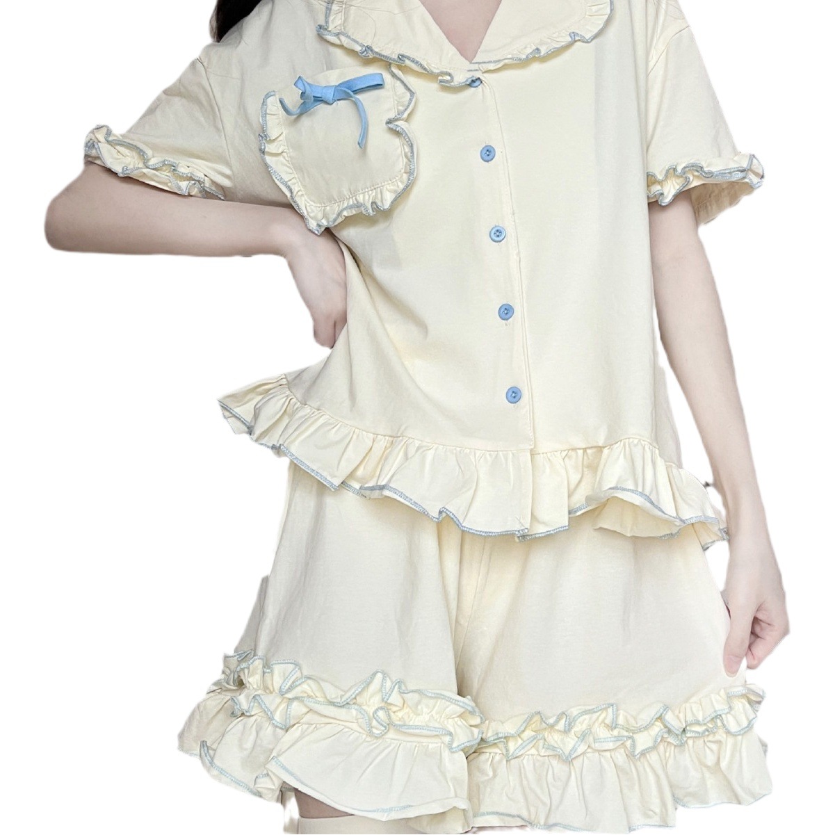 Ins Japanese Style Sweet Ruffled Solid Color Pajamas Two-piece Suit Thin Summer New Short-sleeved Shorts Home Clothes for Women