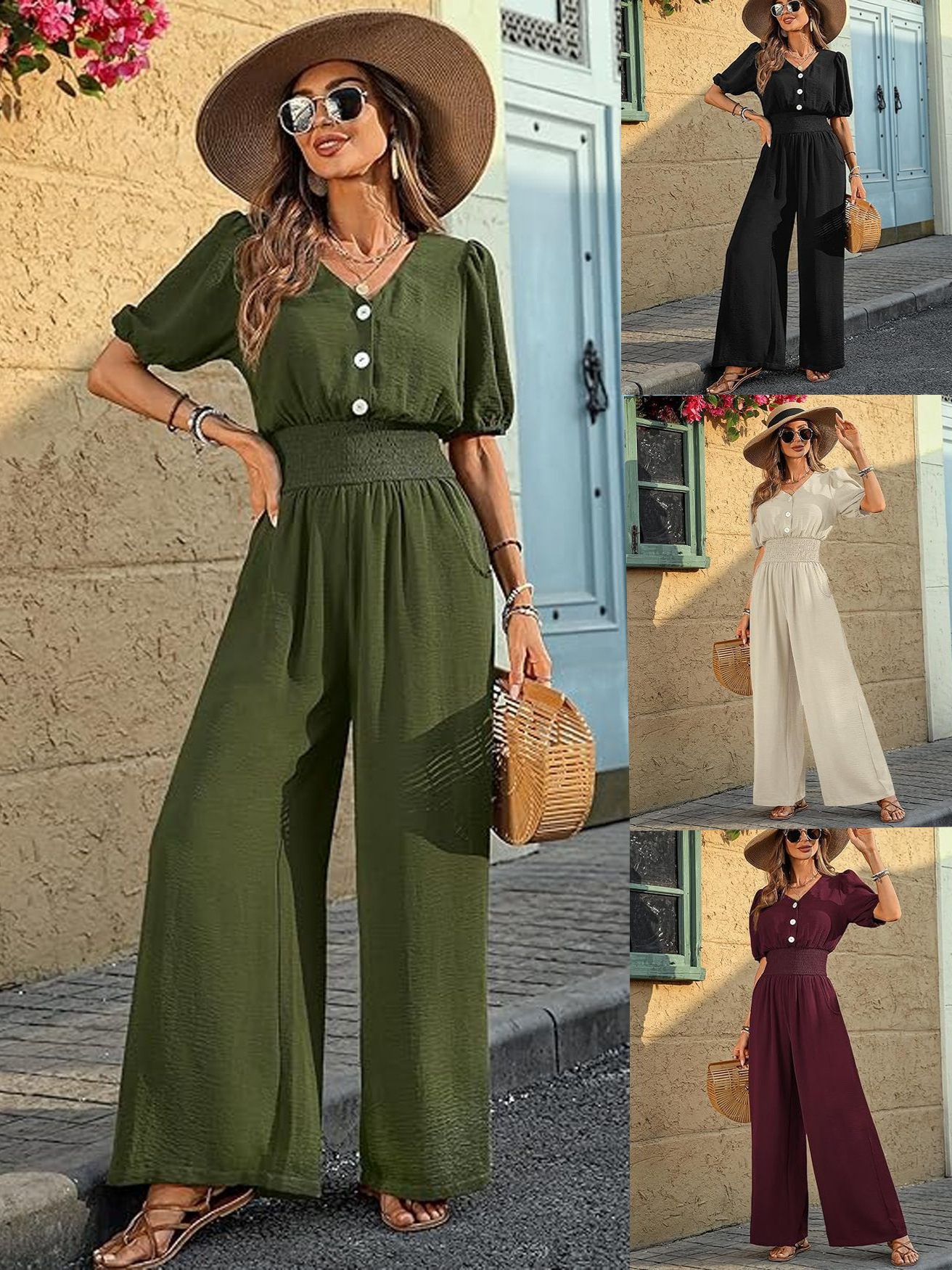 Amazon Fashion Women's Elegant V Neck Waist Loose Jumpsuit Short-Sleeved Wide-Leg Jumpsuit Summer