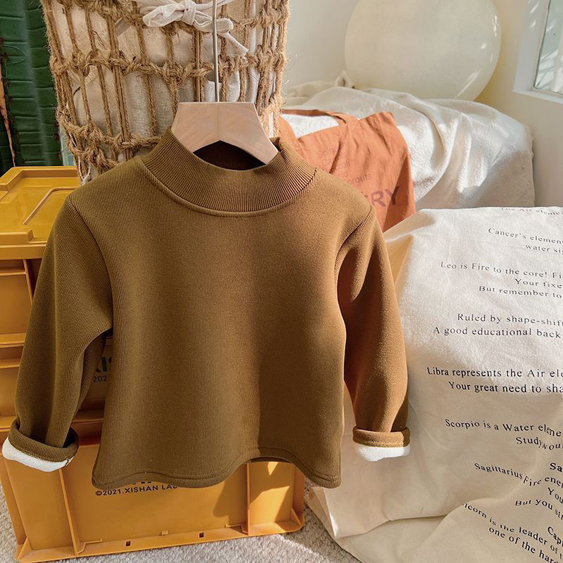 Picture of children's fleece-lined half turtleneck bottoming shirt autumn and winter Korean style men's and women's one-piece velvet warm top