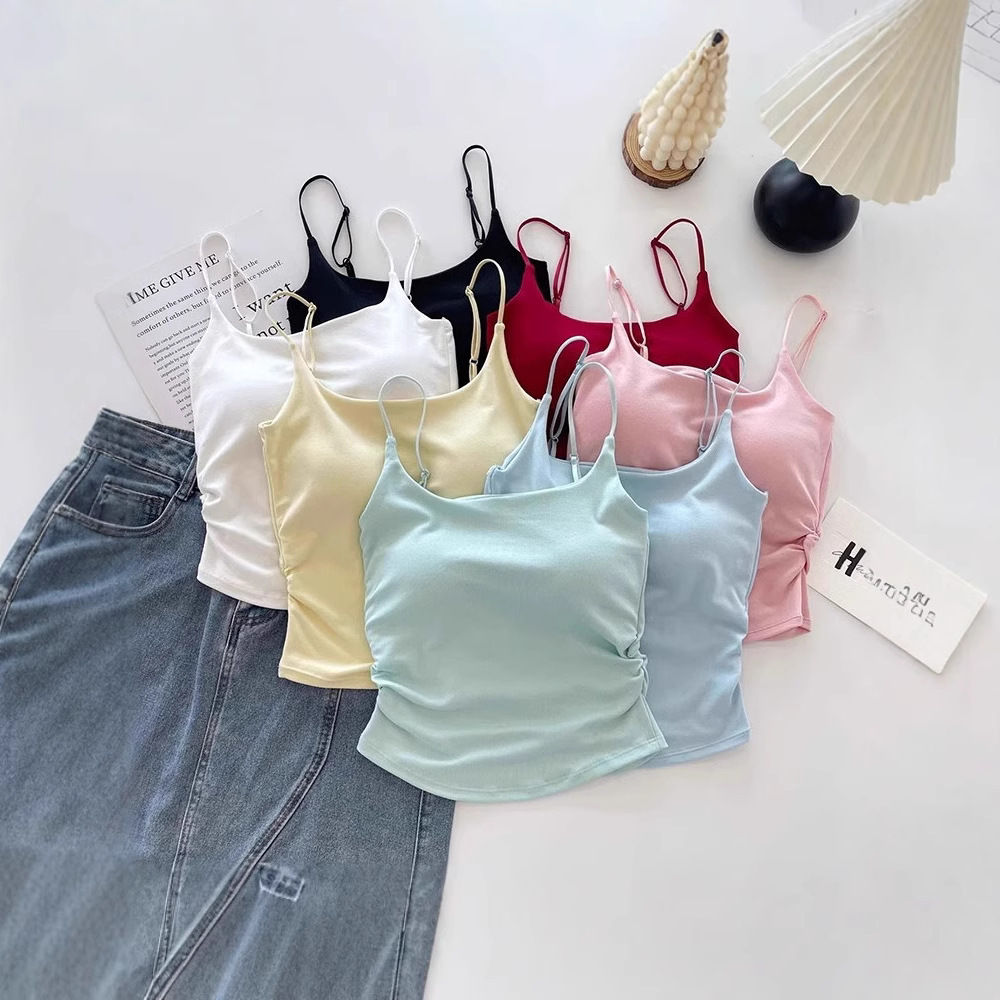 Pure Lust Style Sweet and Spicy Design Pleated Camisole for Women with Breast Pads, One-Cup Inner Wear and Outer Wear Beautiful Back Top for Women