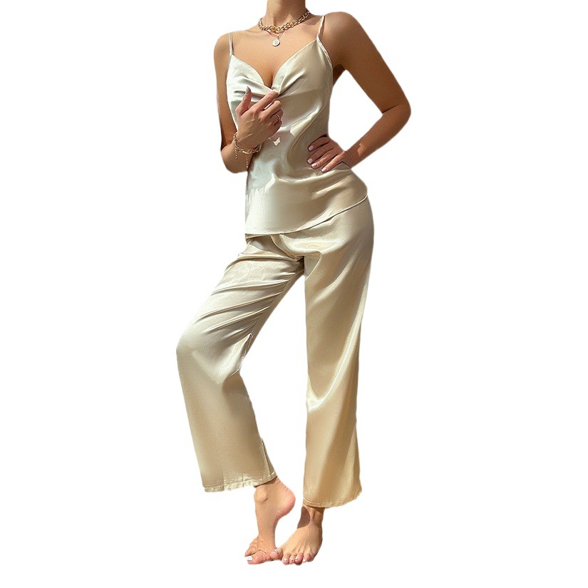 Ice Silk Pajamas suit Spring and Summer Sling Trousers Two-piece Set Fashionable Thin Silk-like Home Clothes for Women
