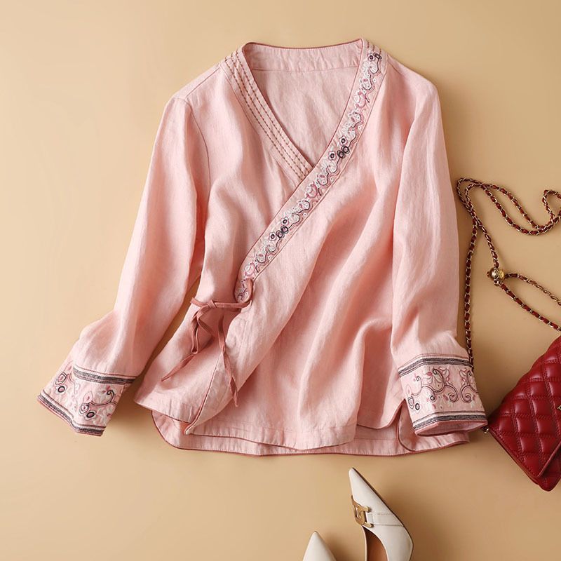 Picture of Summer Ethnic Style Women's Cotton and Linen Slant Placket Embroidered Top Artistic Retro Loose Modified Hanfu Ancient Style Tea Zen Clothing