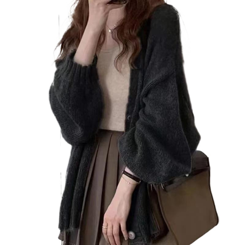 Picture of Mid-Length Lantern Sleeve Mohair Knitted Cardigan Jacket Women's Top Loose Lazy Thin Shawl Outer Top
