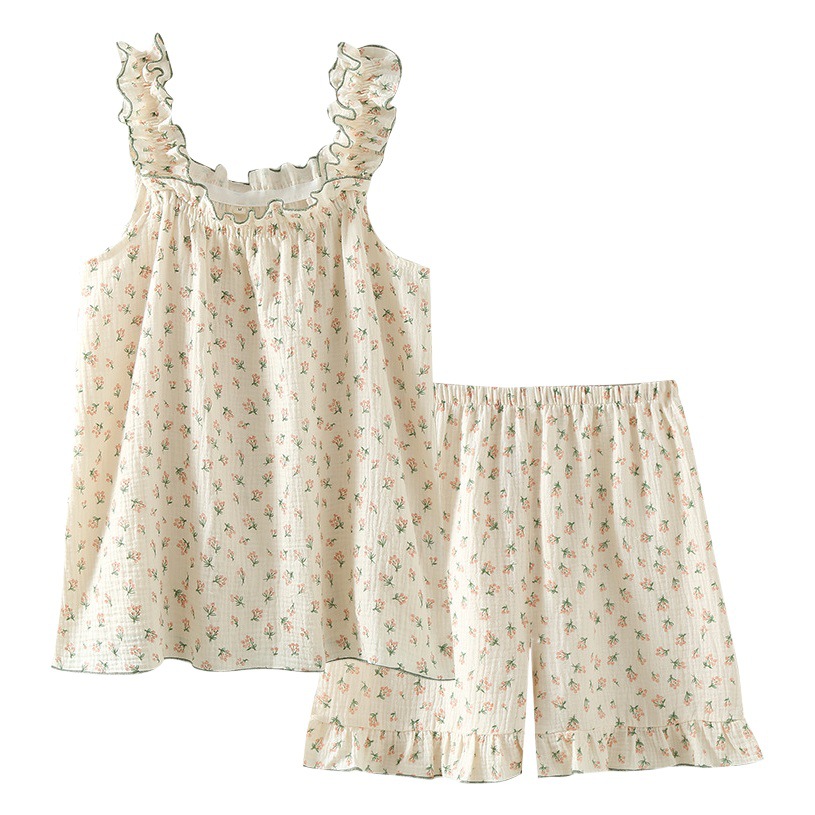 Crepe Sling short sleeve shorts cotton cotton yarn pajamas women's fresh home wear suit loose Summer Girl