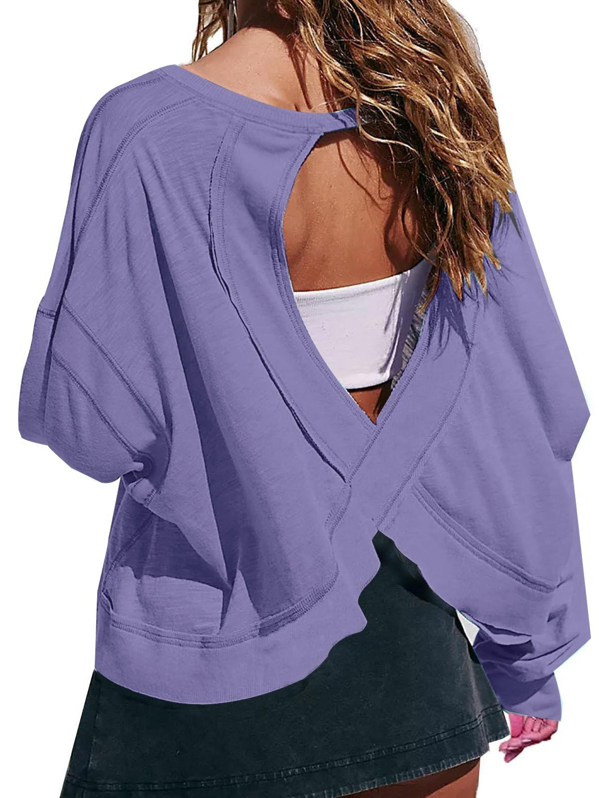 American Export Women's Clothing, Loose Long-Sleeved Backless Tops for Women, Age-Reducing Cut Out Short Round Neck Women's T-Shirts