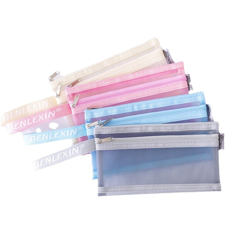 A6 Double Layer Transparent Nylon Gauze Handheld Zipper Bag Stationery Examination Pencil Bag Cosmetic Bag Storage Bag Printed LOGO