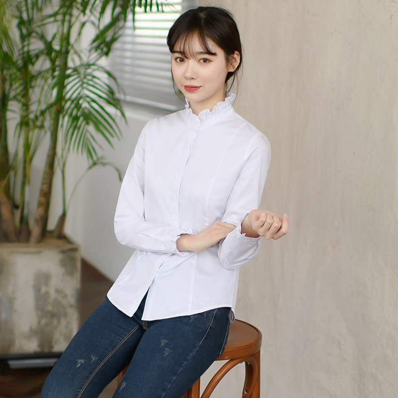 Spring Korean Style New Pure Cotton Collar Ruffled Artistic All-match Elegant Short-sleeved Long-sleeved Women's Shirt Slim-fit