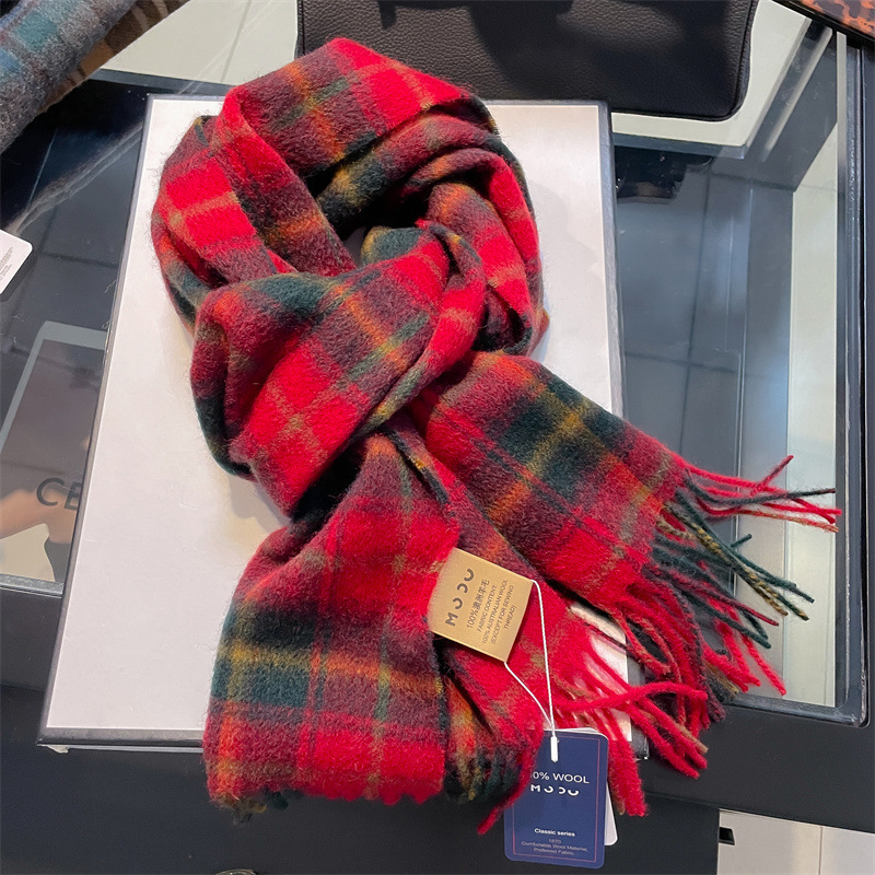 Pure Wool Scarf Women's Winter New Classic Scottish Red Plaid Wool Korean Style Warm Neck