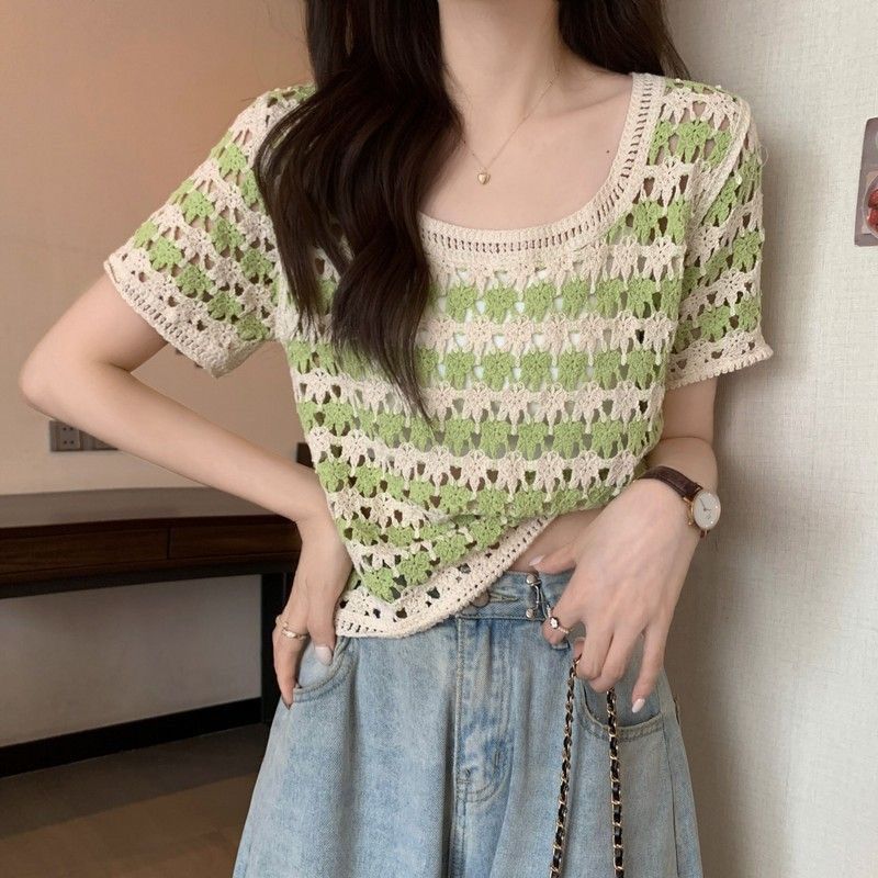 Picture of Summer 2023 New Hollow Crochet Sweater Small Slim-fit Loose Short-sleeve Ethnic Style Top Women's All-match