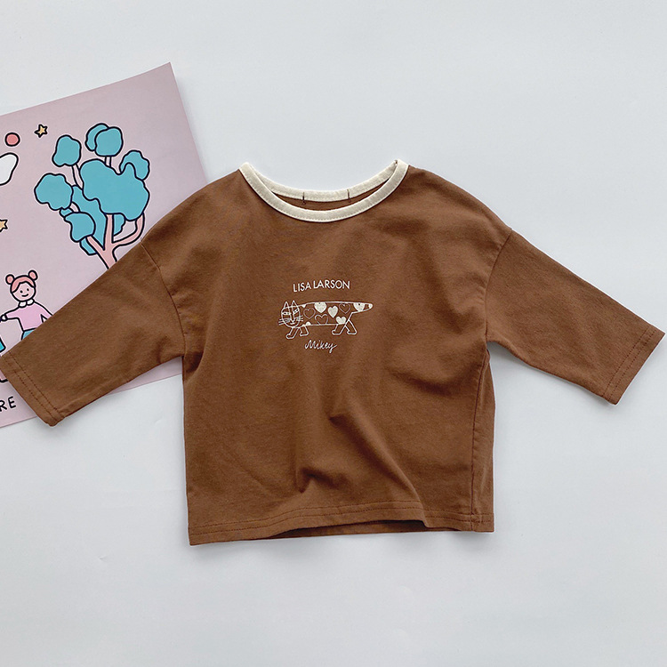 Picture of Children's Korean-style Autumn Children's Wear Top Ins Simple Color-matching Edge Lovely Long Cat Long-sleeved T-shirt for Boys and Girls