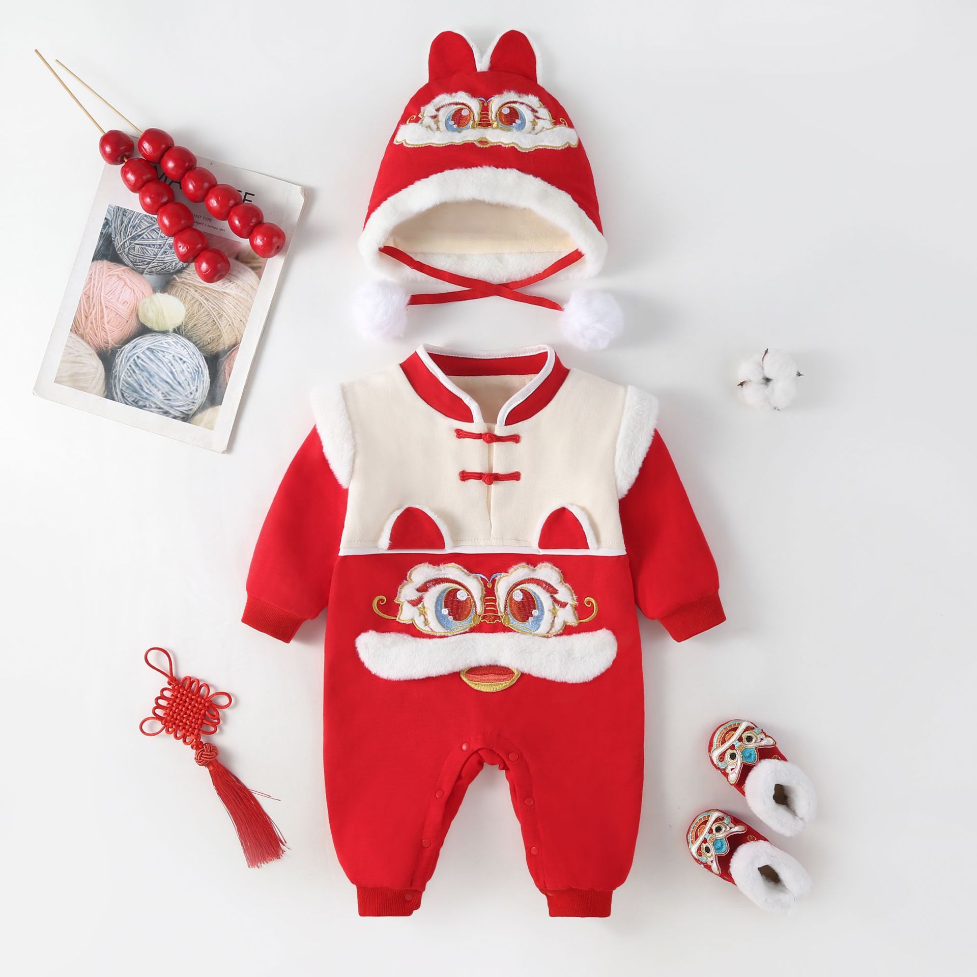 Picture of Chinese style winter baby romper New Year romper male and female baby double layer fleece-lined thickened Tiger year sweater New Year greeting clothes