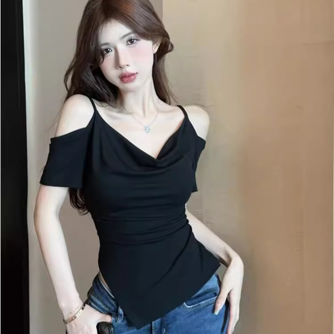 Slim Fit, Simple Style, Off-Shoulder, Asymmetrical Elegant, Black Short-Sleeved T-Shirt, Summer Design Top 5525