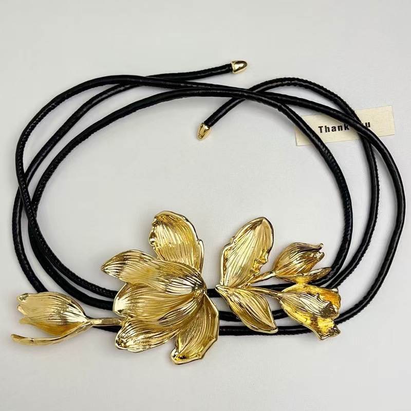 Picture of European and American Retro Golden Tulip Flower Belt Women's Personality Exaggerated Black Leather Rope Skirt Pants Decorative Waist Chain