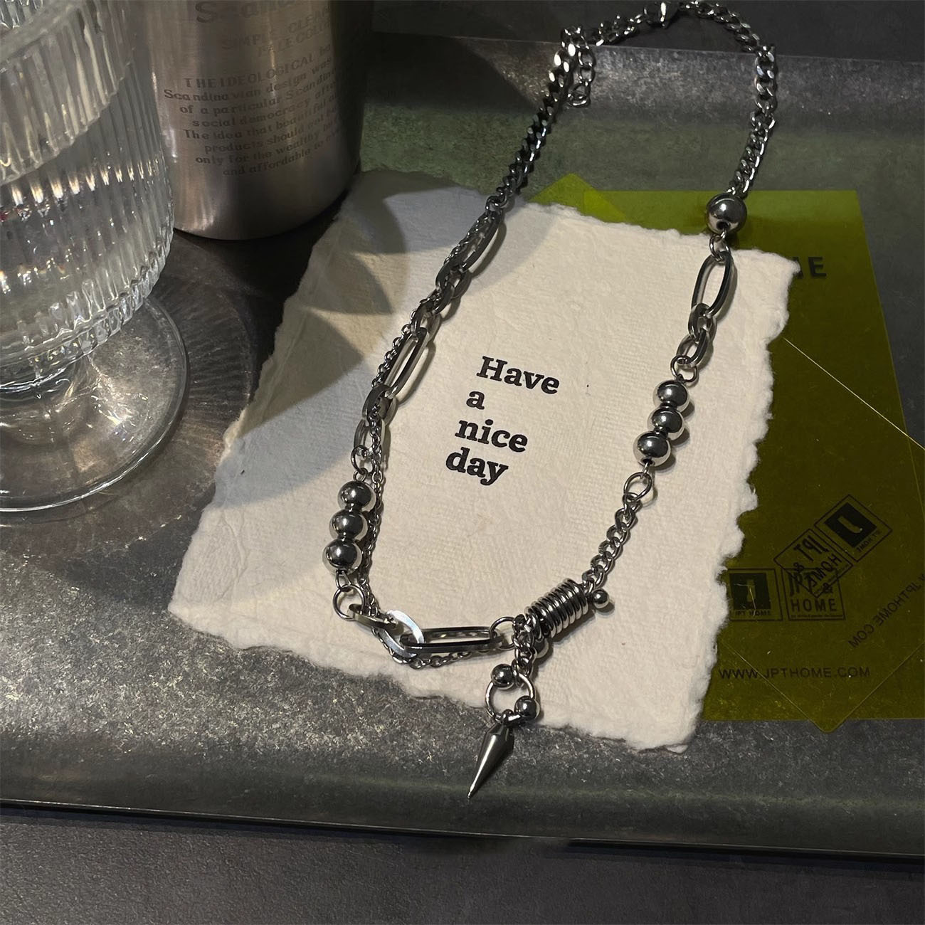 Picture of Tide Cool Titanium Steel Steel Ball Rivet Stitching Necklace Men's Niche Design Hip Hop Cold Style Clavicle Chain Woolen Chain Accessories