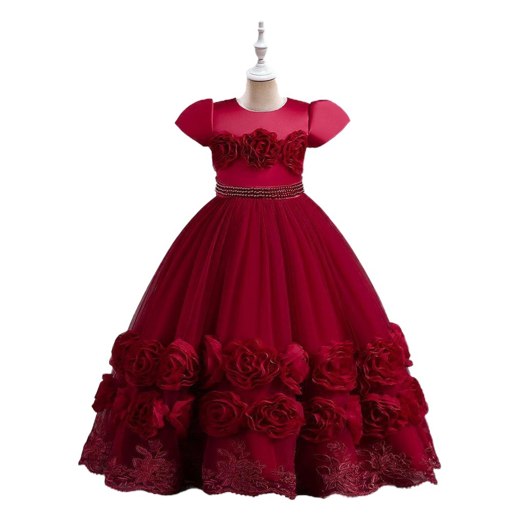 Amazon Children's Mesh Princess Dress Embroidered Flower Pouce Dress Host Wedding Dress Performance Dress Girl Dress
