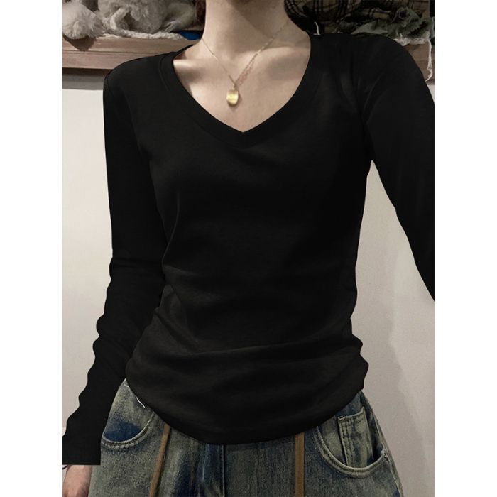 Picture of American Style Shoulder Long-Sleeved T-Shirt Women's Autumn and Winter Women's New U-Neck Slim-Fit Sanding Base Shirt Top for Women