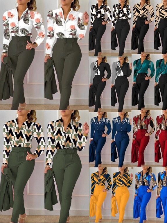 in stock 251# Amazon 2023 Europe and the United States new fashion printed long sleeve jacket solid color pants suit with belt