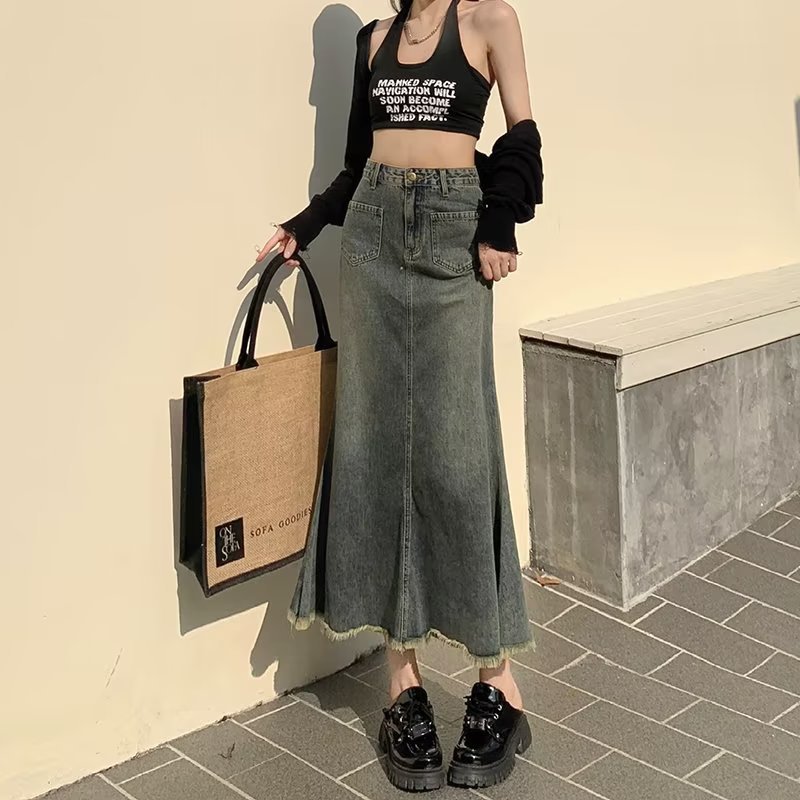 Retro Hong Kong style Denim skirt women's small frayed mid-length skirt high waist slimming A- line fishtail sheath skirt