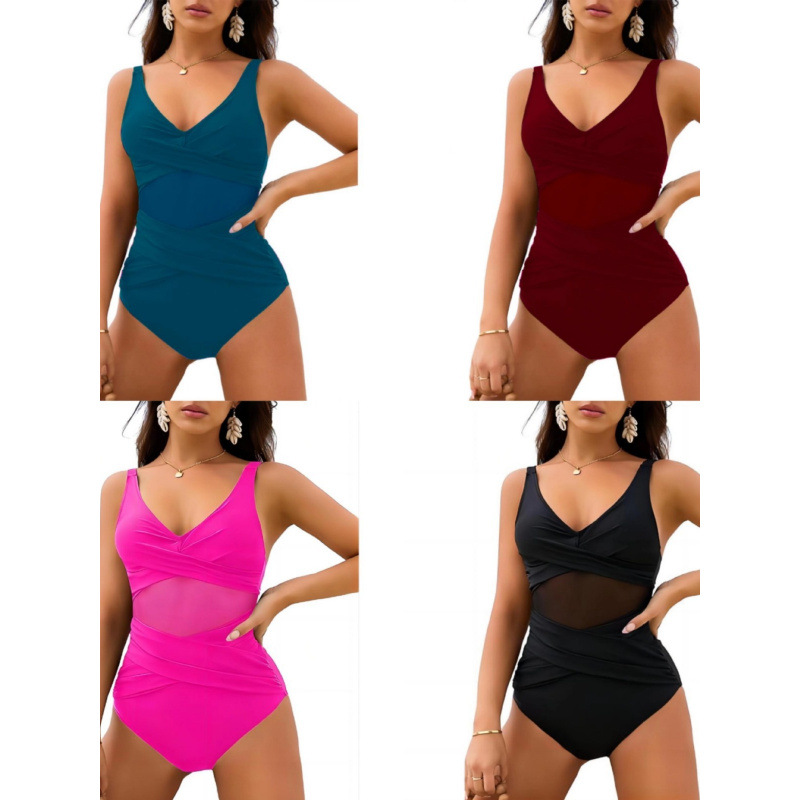 2024 Europe and America Amazon Advanced Sexy One-piece Solid Color Mesh Slimming Foreign Trade in stock bikini Advanced Swimsuit