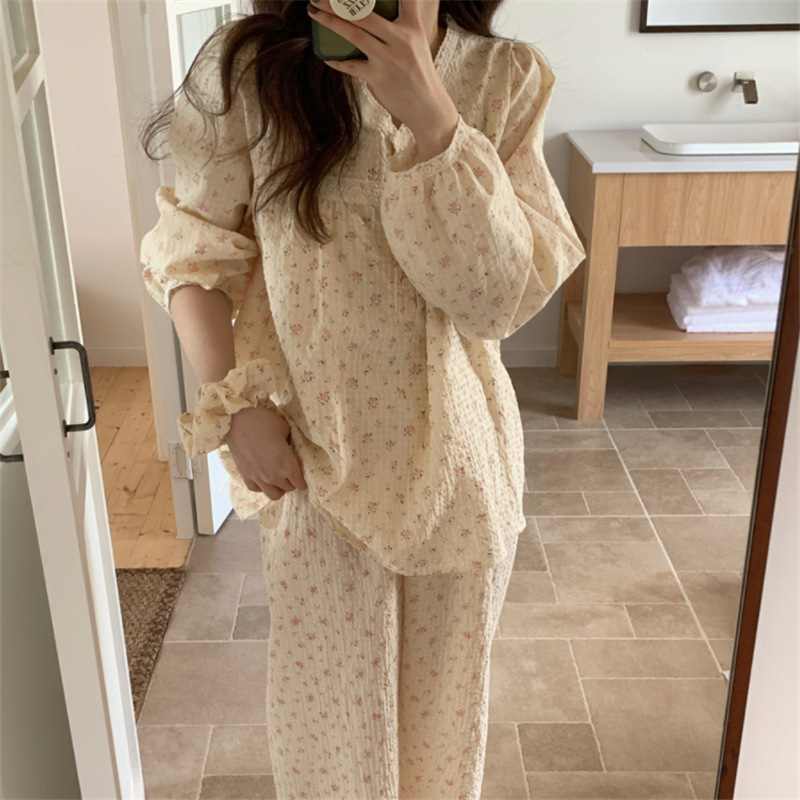Real Shot of 2025Ins Spring New Cotton French Lace Pastoral Style Floral Long-Sleeved Home and Outdoor Pajamas Set