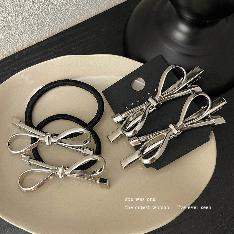 silver Bow Side Broken Hair Clip Headwear Hair Clip Women's Exquisite Duckbill Clip Hair Clip High Ponytail Hair Rope Hair Ring