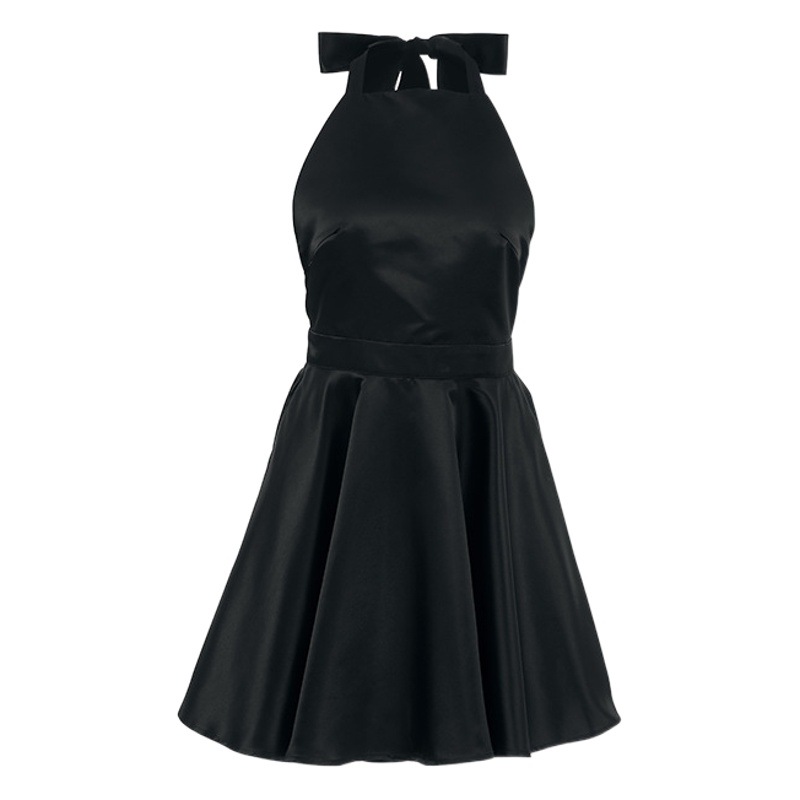 2024 Summer Retro Satin Halter Little Black Dress Feminine High-End Lace-Up Dress High Waist Umbrella Skirt