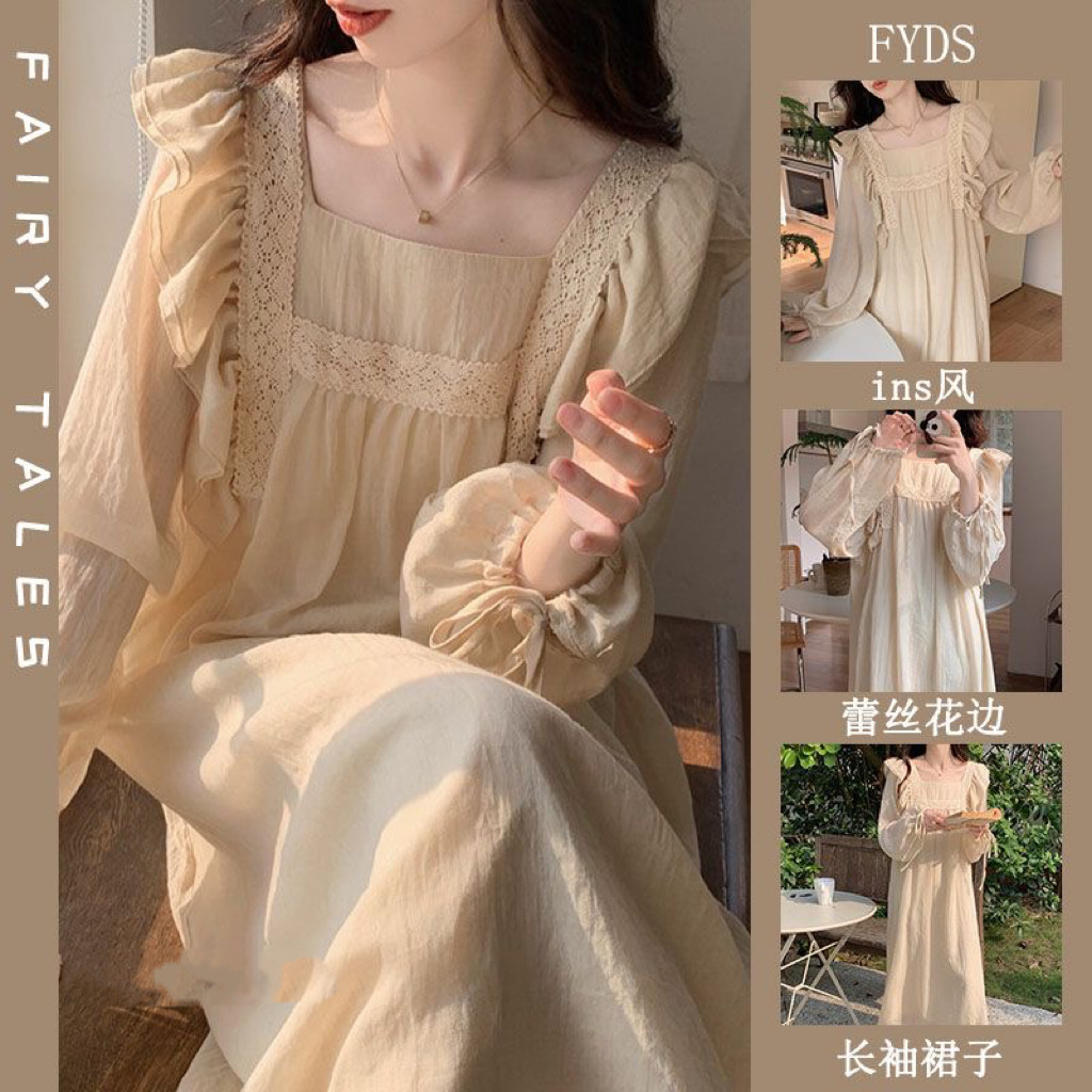 Long Sleeve nightdress for women Spring and Autumn New sweet solid color lace ruffled thin pajamas dress home wear