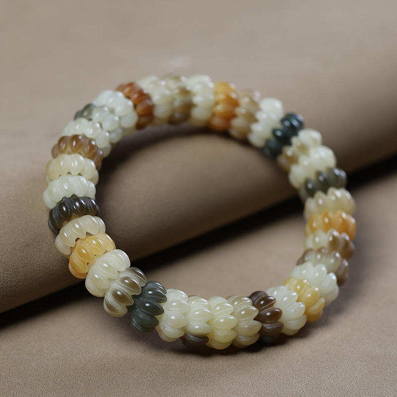 Picture of White Jade Bodhi Carving Lotus Blossom Colorful Bodhi Bracelet for Men and Women Play with Buddha Beads Soft Plate Play Bracelet