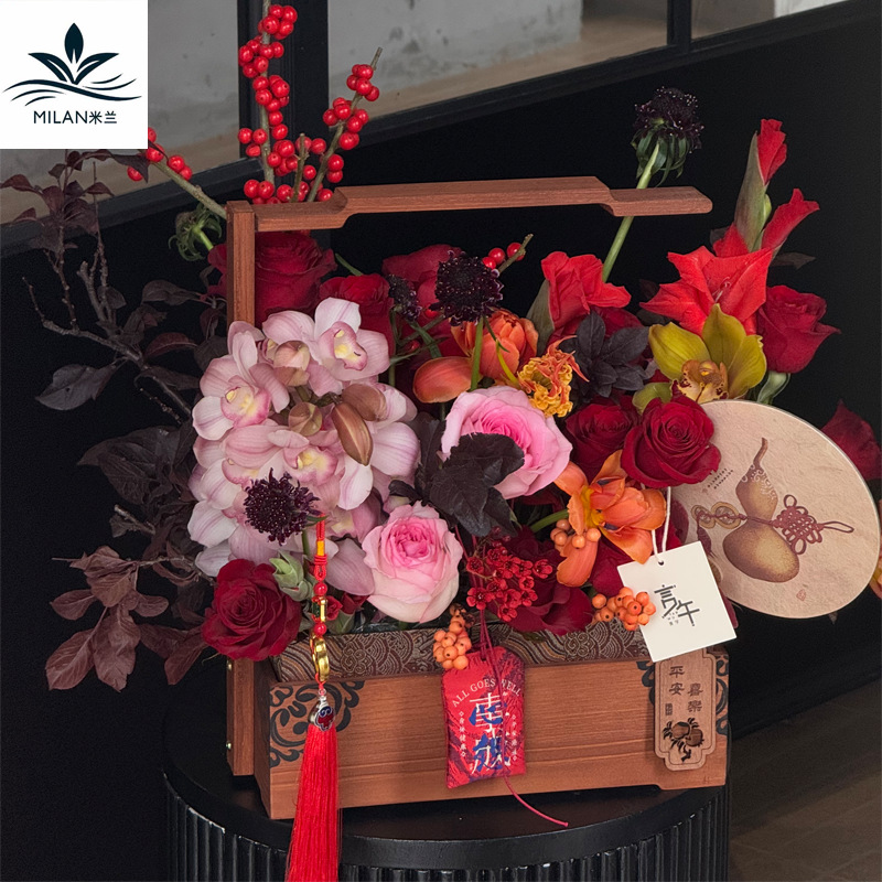 2025 New Year Vintage Wooden Gift Box Flower Portable Box New Year Flower Flower Flower Barrel Phalaenopsis Potted Flower Box Gift