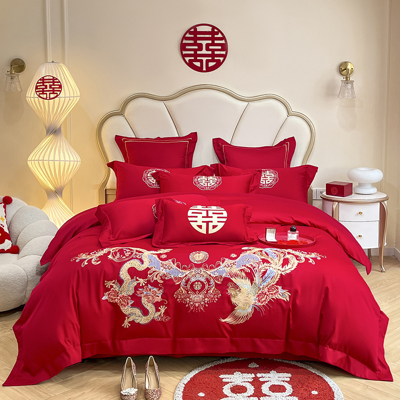 Picture of High-end European-style Wedding Four-piece Cotton Big Red Embroidered Sanding Quilt Cover Wedding Bedding Accompanying Wedding Room