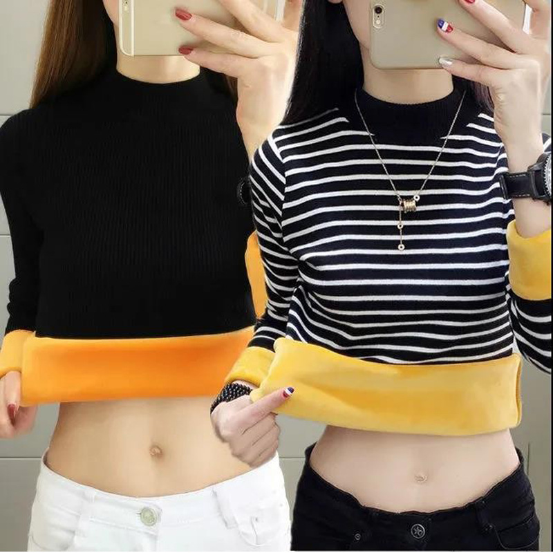 2021 New Composite Fleece-lined Warm Gold Fleece T-shirt Female Students Semi-high Collar Base Shirt Autumn and Winter Striped Long Sleeve