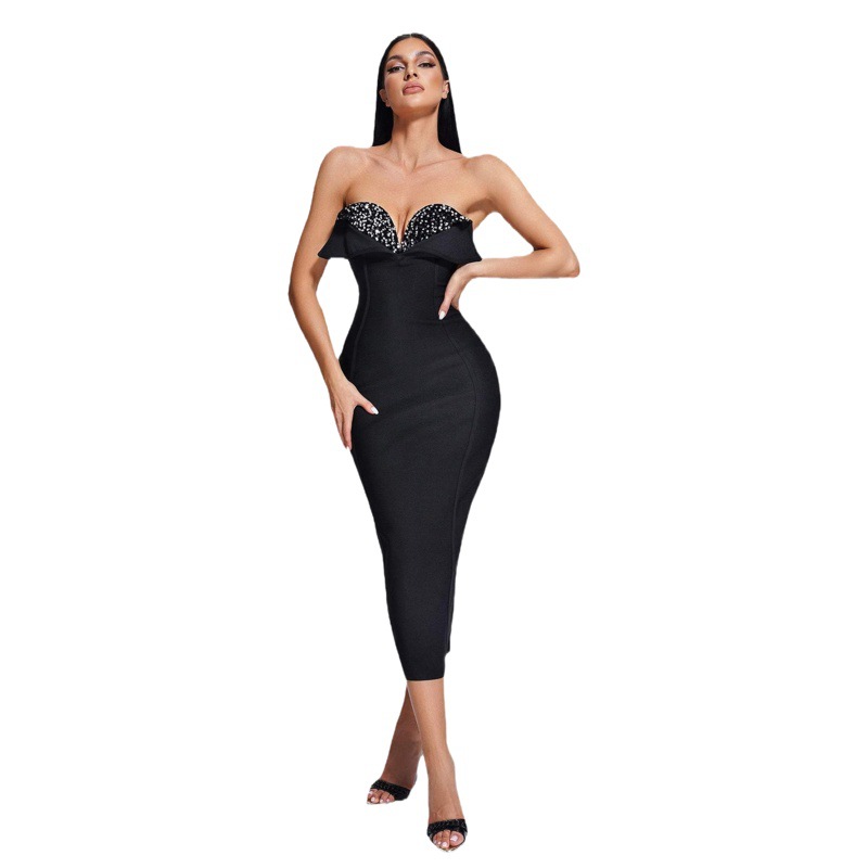 Amazon AliExpress Hot New Bandage Dress European and American Fashion Elegant Black Sequin Tube Long Party Dress