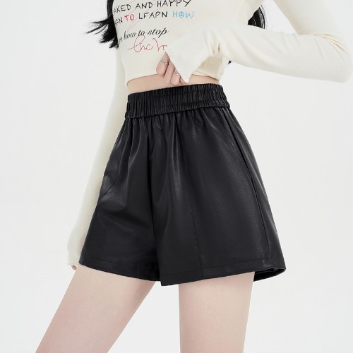 Brown pu leather shorts women's spring autumn and winter elastic high waist wide leg pants loose short black A- line boots pants fashion