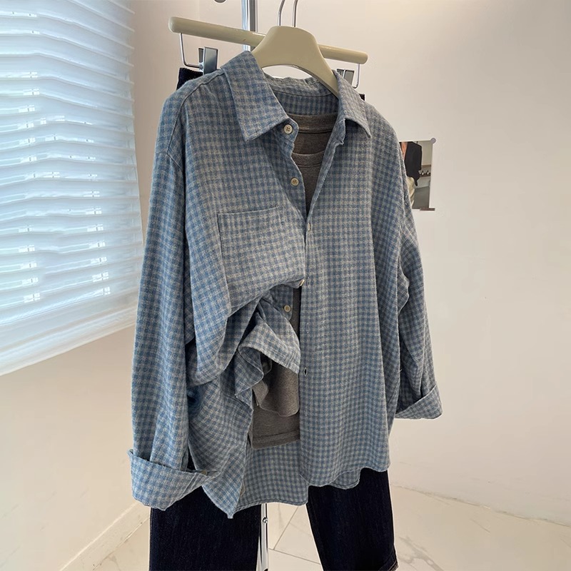 Vintage Washed Sanding Blue Plaid Shirt Jacket Women's Spring and Autumn Thickened Loose Casual Outer Wearing Stacked Top Trendy