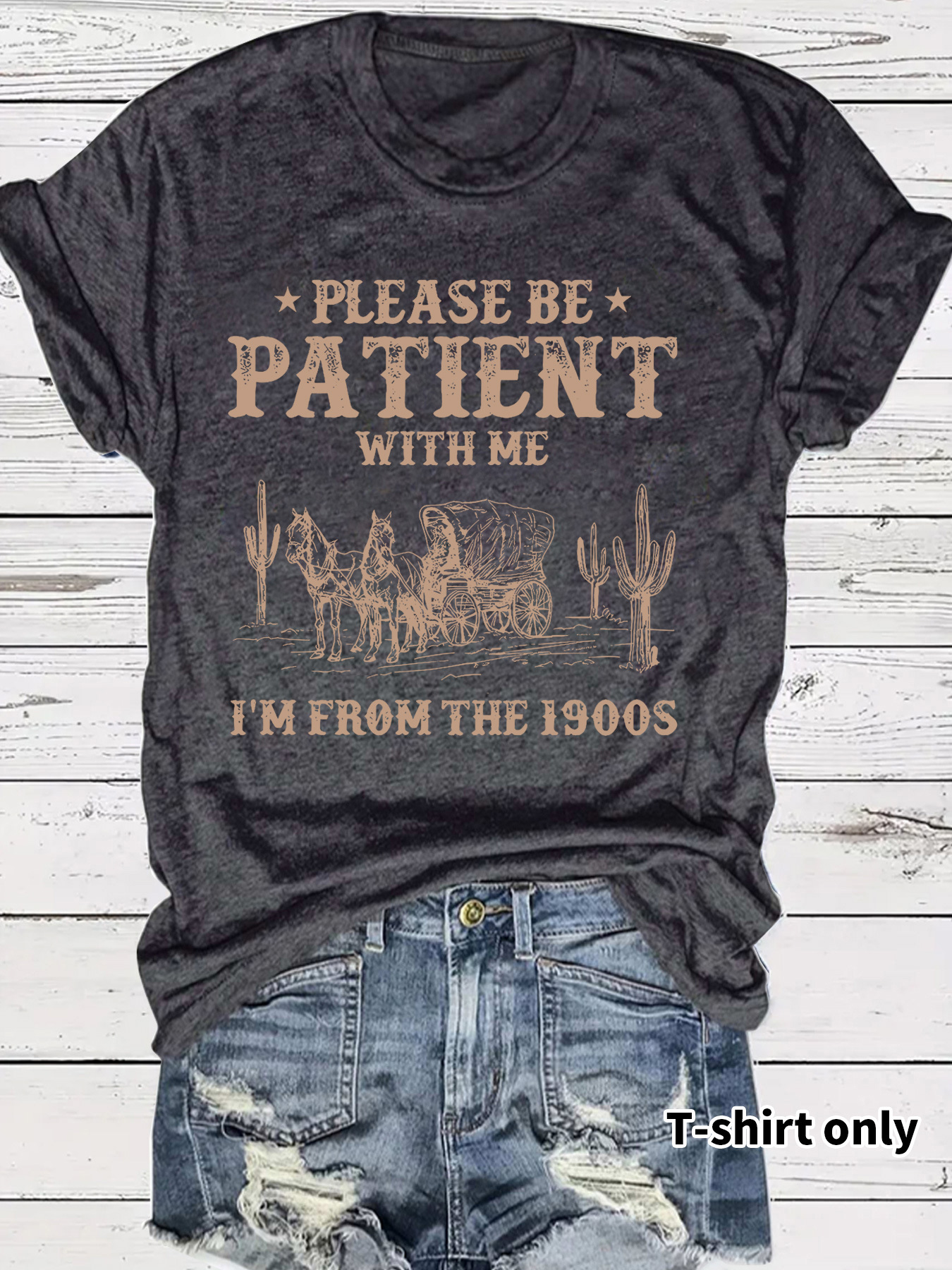 European and American Short-Sleeved Women's T-Shirts Summer Women's Clothing Western Denim Retro Pattern Round Neck Short-Sleeved Casual Fashion Export Hot Style