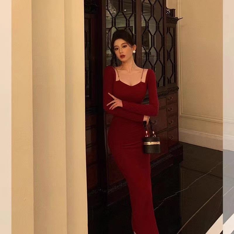 New Year's War Gown French Chain Square Collar Long Sleeve dress Autumn and Winter New Red Tight Slim Sheath Long Skirt