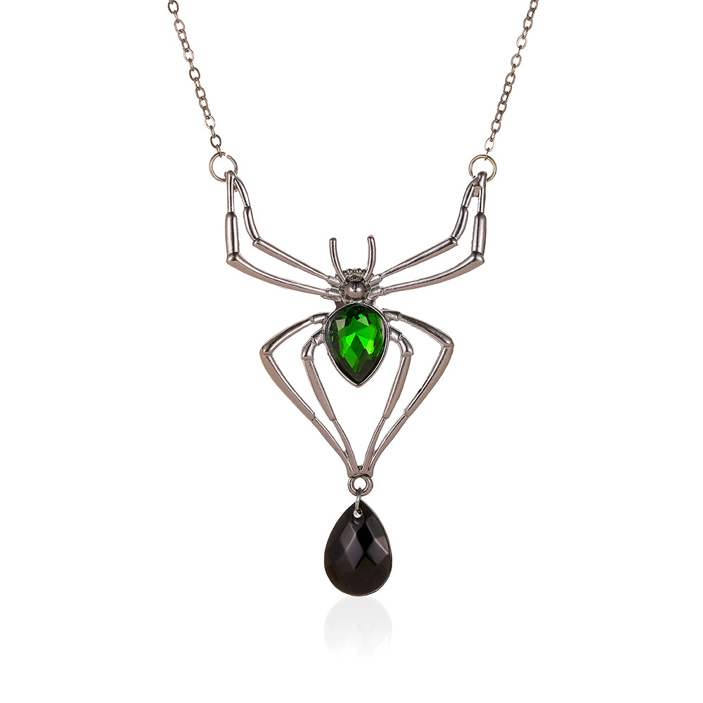 Picture of Halloween jewelry personality exaggerated three-piece spider necklace earrings ring vintage emerald suit accessories