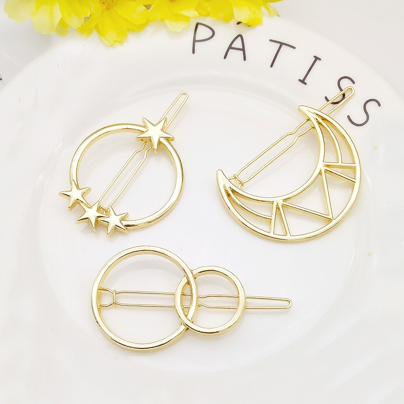 Jinyan foreign trade headdress European and American simple hollow five-pointed star Moon geometric hairpin metal frog clip