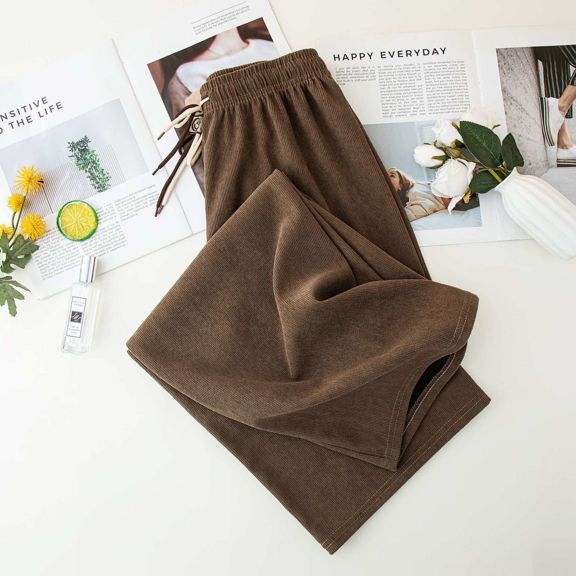 Picture of Grooved Cotton Velvet Smiley Face Double Drawstring Wide-Leg Pants for Women, Spring and Autumn High-Waist Drapey Loose Straight Ultra-Thin Stripe Casual Pants
